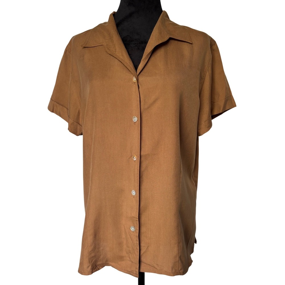 JBS LTD Women silk Brown Short Sleeve Collared Button Up Shirt SZ 12 VTG Pleated
